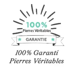 L'image affiche un logo avec le texte «100% pierres véritables» et «garantie», indiquant l'authenticité pour des pierres authentiques.