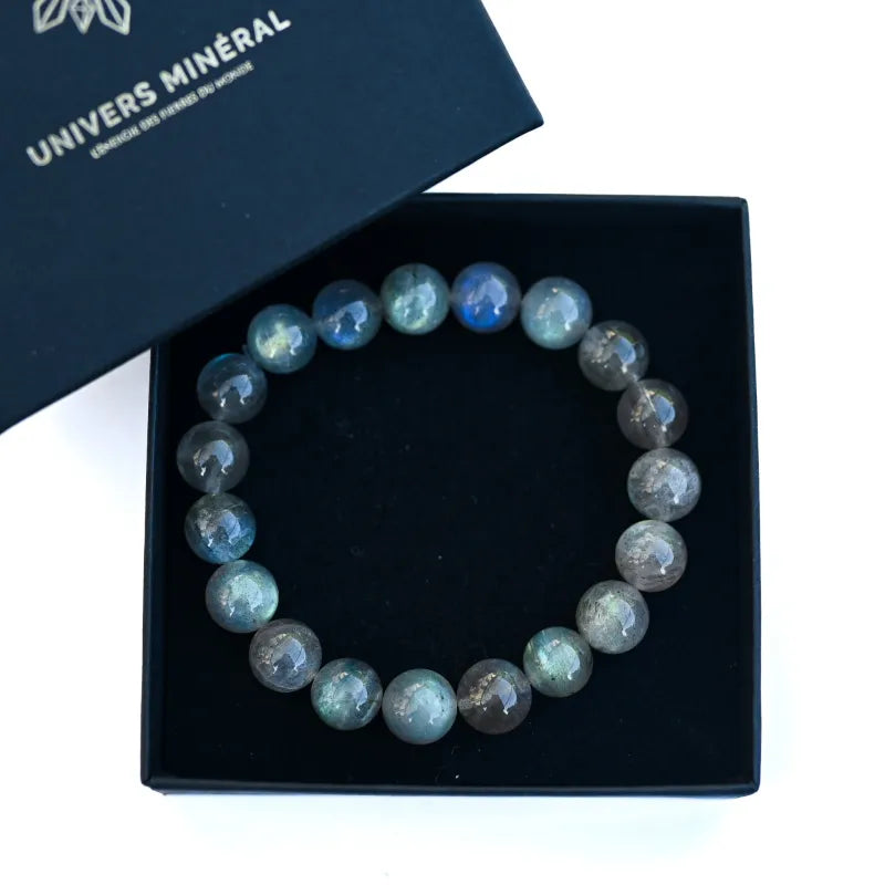 Bracelet Extensible En Labradorite Naturelle AAA - Perles Rondes 10 Mm, Unisexe, 17,8-19,1 Cm, Pierre Foncée