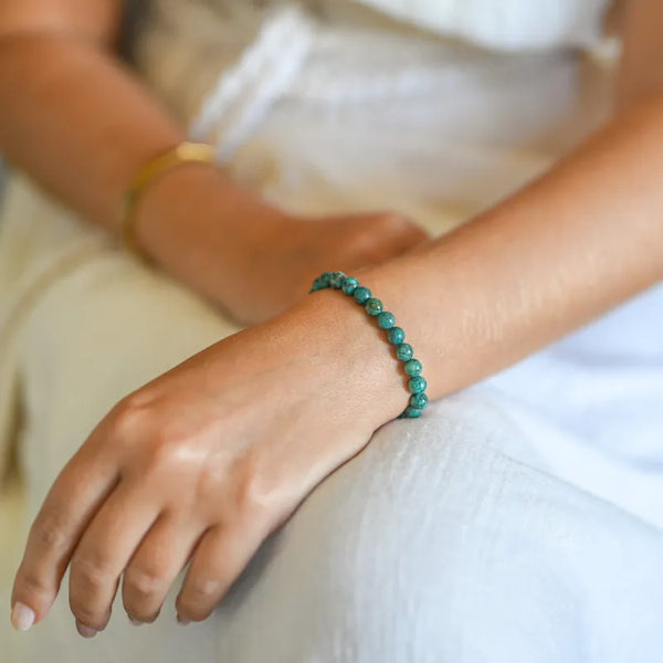 Bracelet Mâla Tibétain en Pierres Naturelles d'Amazonite, Bijou Élastique pour la Méditation, Accessoire de Poignet Apaisant, modèle Jinpa
