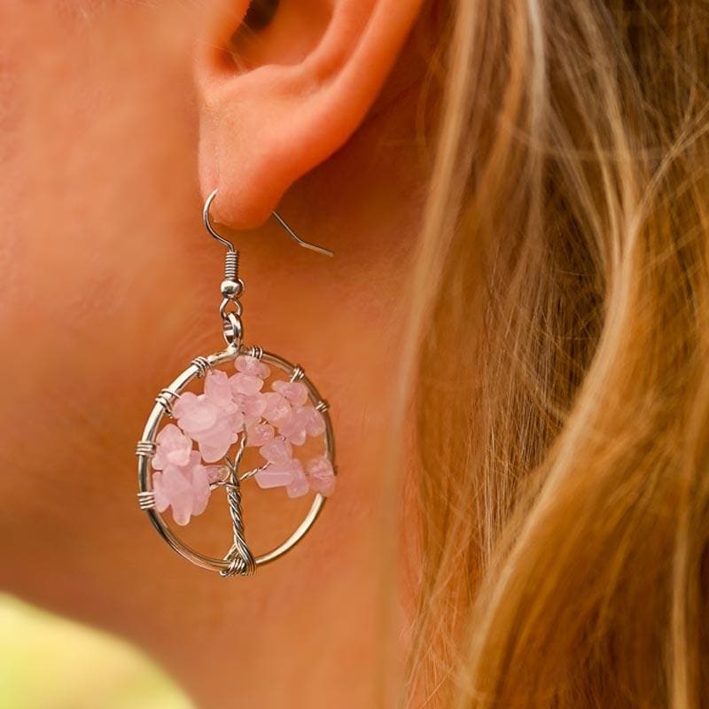 Boucle d’Oreille Quartz Rose Arbre de Vie | Univers Minéral