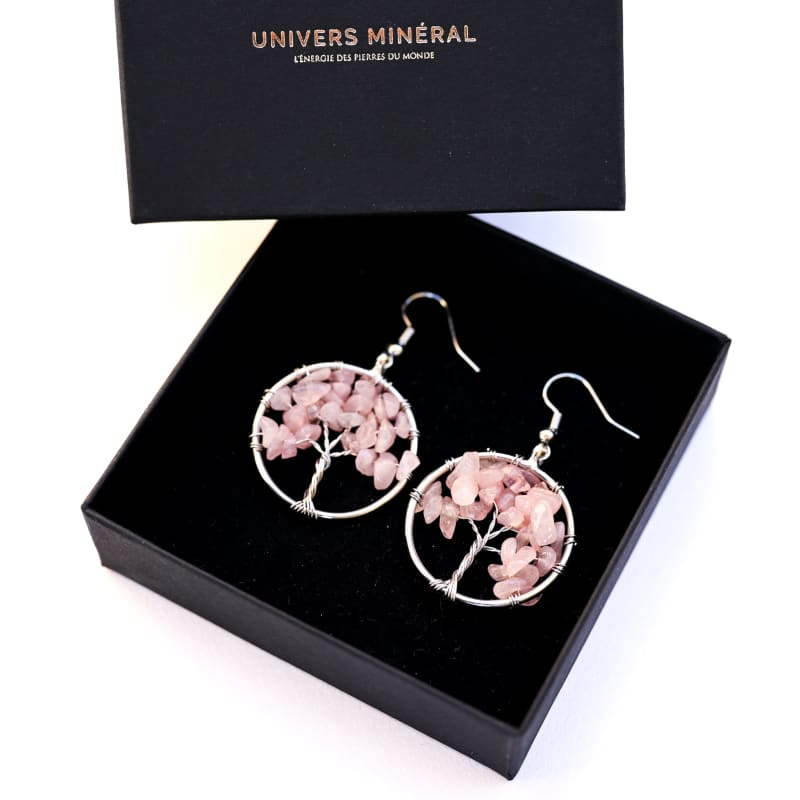 Boucle d’Oreille Quartz Rose Arbre de Vie | Univers Minéral